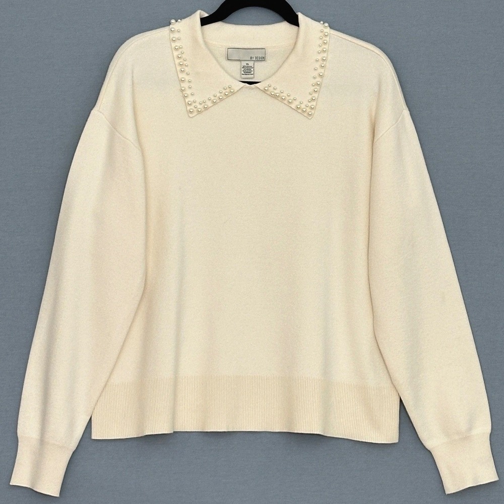 Feminine Soft Girl Womens Sweater XL Cream Pearls Beads Collar Elegant Coquette